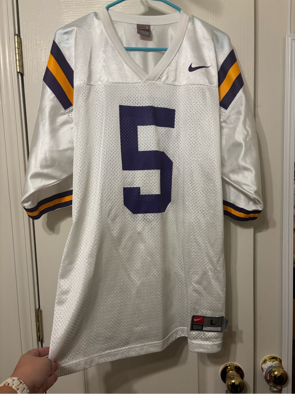 Nike Men’s White Football Jersey with Purple Number 5